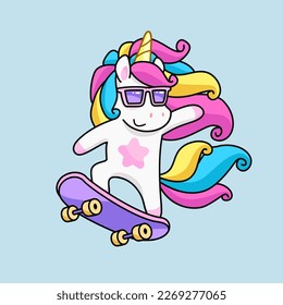 Cool Unicorn ride on skate board. Fairy Unicorn with neon rainbow hair and skate board. Funny Unicorn Pony for kids print design. Isolated vector illustrator