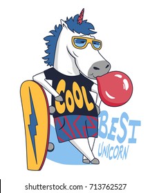 Cool unicorn skateboarder. Children's design on the t-shirt. Vector illustration in the cartoon style.