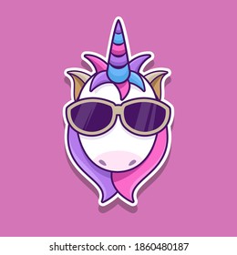 Cool unicorn with sun glasses. Sticker. Vector illustration design 