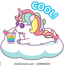 Cool unicorn with sunglasses drinking a rainbow cocktail on a cloud