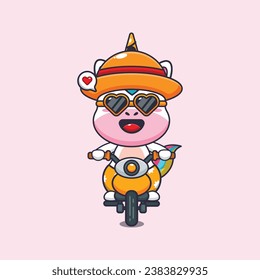 Cool unicorn with sunglasses riding a motorcycle in summer day. Cute summer cartoon illustration. 