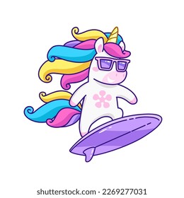 Cool Unicorn Surfer Print Design Fairy Unicorn mit Neon Regenbogen Haar und Surf Board. Funny Unicorn Surfen für Kinder Print-Design. Einziger Vektorgrafik-Illustrator