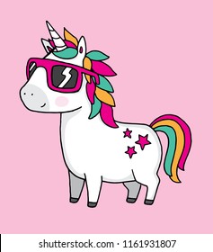 A Cool Unicorn Wearing Sunglasses On A Pink Background. Vector Illustration.