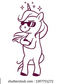 Cool unicorn wearing sunglasses, standing with folded arms cute cartoon vector character black and white illustration isolated on white. Believe in yourself, girl power, attitude coloring book page.