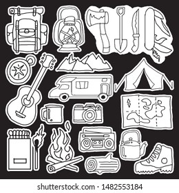 cool and unique hand drawn doodle camping icon black and white vector isolated 