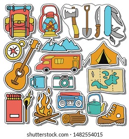 cool and unique hand drawn doodle camping icons set vector isolated 