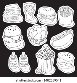 cool and unique hand drawn doodle fast food icons set black and white vector isolated 