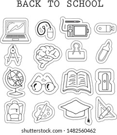cool and unique hand drawn doodleback to school icons set black and white vector isolated 