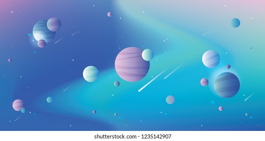 Cool universe scene with vibrant gradient space, planets, stars and falling comets