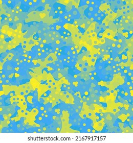 Cool urban camouflage seamless pattern background. Ukraine flag clothing style masking camo repeat print. Toxic yellow and sky blue colors decorative texture. Design element vector illustration.