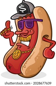 A cool urban hip hop rapper hot dog cartoon with a grill, flat brimmed cap and stunner shades with a gold medallion