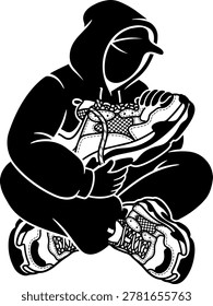 Cool urban sneakerhead mascot vector illustration featuring a character in a hoodie holding a stylish sneaker in bold black and white monochrome style. Modern streetwear culture design isolated on white background. Perfect for shoe store branding, sneaker event posters, t-shirt prints, stickers, social media avatars, and apparel design. Clean EPS10 vector illustration.
