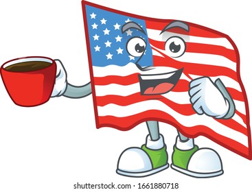 Caricatura de la bandera estadounidense genial con una taza de café