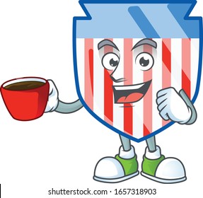 Cool USA stripes shield cartoon character with a cup of coffee