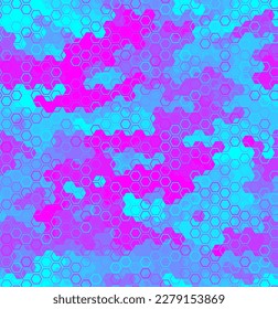 Cool UV digital camouflage for girls seamless pattern background. Urban pink and blue colored hexagon snakeskin. Abstract hunting masking ornament texture. Vector decorative illustration background