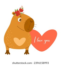 Cool valentine card with in love capybara animal girl with heart. Confession I love you. Vector illustration. Funny cute character rodent for romantic cards, design, print