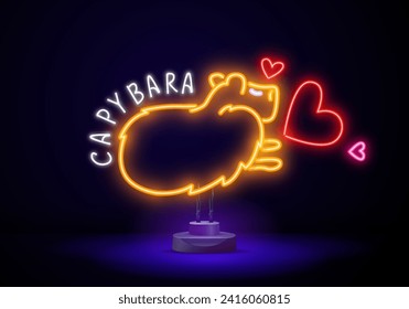 Genial tarjeta de San Valentín con amor de una chica capibara con corazón. Confesiones que te amo. Ilustración vectorial. Divertido roedor de personaje lindo para cartas románticas, diseño, impresión