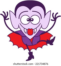 Cool vampire in minimalist style with pointy ears, sharp fangs, hairstyle and red cape while smiling, sticking his tongue out and showing a funny face