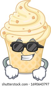 Cool vanilla ice cream cartoon character wearing expensive black glasses