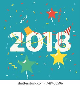 Cool vector 2018 New Year abstract background with celebrate party elements, confetti, serpentine, hats and star balloons. Ideal for greeting cards, posters and banners