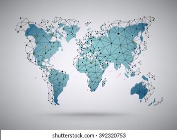 Cool vector abstract world map background. Stylized world map illustration with wireframe polygonal mesh elements and dots. Ideal for data visualization and infographics