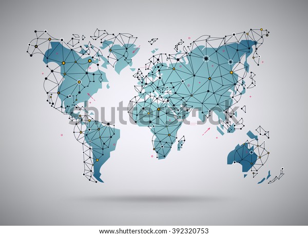 クールベクター抽象的な世界地図の背景 ワイヤフレームポリゴンメッシュエレメントとドットを使用した スタイル化されたワールドマップイラスト データの視覚化とインフォグラフィックスに最適 のベクター画像素材 ロイヤリティフリー