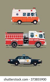 Cool vector ambulance emergency paramedic car, police department vehicle and fire engine truck in flat design icons, isolated. City emergency and public safety vehicles