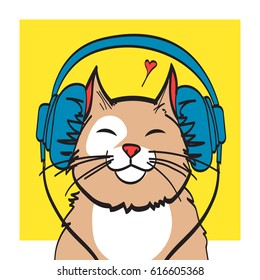 cool vector art of cat with headphone. music picture, eps 10 on layers