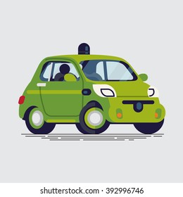 Cool vector autonomous car. Self-riving green urban car. Future of transportation driverless car isolated. Robotic car illustration in flat design