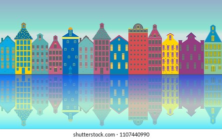 Cool vector background  Amsterdam street facades cartoon vector   illustration , colorful urban canal , beautiful landscape, architecture amazing  style . Dutch golden age style in architecture.