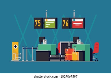 Cool vector background on airport check-in desk in trendy flat design. Travel themed illustration on international airport terminal airline counters with luggage and abstract flight information boards