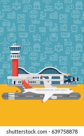 Cool vector background on airport with terminal, runway, airplane and airport facilities pattern. Airline travel concept design. Ideal for travel themed graphic design, posters and banners 