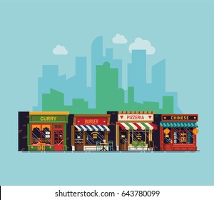 Cool vector background on city restaurants. Pizzeria, curry, Chinese and burger restaurants line-up with city skyline on background. Diverse traditional food establishments. Food court