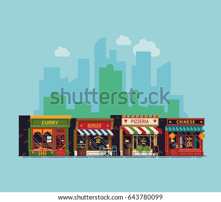 Cool vector background on city restaurants. Pizzeria, curry, Chinese and burger restaurants line-up with city skyline on background. Diverse traditional food establishments. Food court