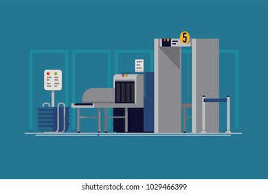 Cool Vector Background On International Airport Security Line With X-ray In Trendy Flat Design. Transportation Themed Illustration With Baggage And Passenger Screening And Monitoring Equipment