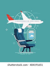 Cool vector background on travel. Airline travel, business trip, vacation journey concept illustration with cabin seat and window, airliner jet plane and world globe linear icon