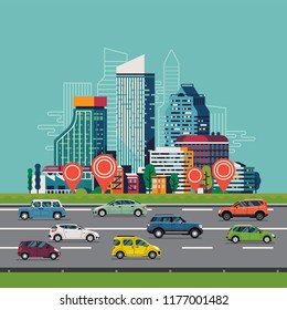 Cool fondo vectorial sobre el tráfico urbano y la infraestructura de transporte con edificios modernos de gran altura o parte de negocios y carretera transitada con automóviles y vehículos
