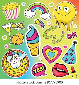 Cool, vector background with stickers on bright gradient with cute characters of unicorn, rainbow, popcorn, snake, cocktail, heart, lips, ice cream. Youth, trend set, collection of neon illustrations.