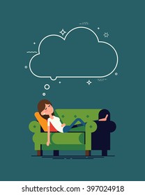 Cool vector background with young lady having a rest on couch. Woman taking nap dreaming of something. Background template with lying sleeping woman, empty thought cloud bubble. Tired woman sleeping