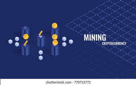 Cool vector banner of mining cryptocurrency, computer equipment server with golden coin on grid background, bitcoin mining flat isometric illustration