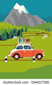 Cool vector banner or poster template with summer in mountains featuring retro vintage car with luggage riding scenic road