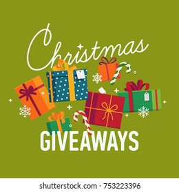 Cool vector banner or poster template on 'Christmas Giveaways' special events and contests with different gift boxes and packages on light green background