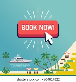 Cool vector banner template on travel and tropical beach resort summer trip with sea chore, palm trees, yacht and flat design 'Book Now' button. Ideal for web ads and banners