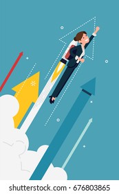 Cool vector banner template on businesswoman flying off with jet pack. Great start, career boost or fast business growth metaphorical illustration with female office worker and abstract arrows