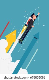 Cool vector banner template on businessman flying off with jet pack. Great start, career boost or fast business growth metaphorical illustration with male office worker and abstract arrows