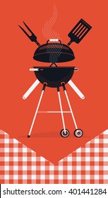 Cool vector barbecue party background with copy space. Barbecue cookout event. Spring or summer barbecue weekend celebration poster template with red checkered tablecloth, cooking grill, paddle, fork