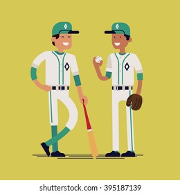 Cool vector baseball players standing full length, isolated. Couple of equipped male softball players in white clothes with bats, ball and outfield glove smiling. Sport professional career