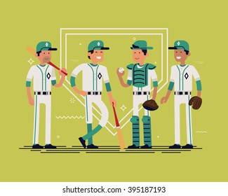 Cool Vector Baseball Team Standing Full Length, Isolated. Group Line-up Of Equipped Male Softball Players In White And Green Clothes With Bats Smiling. Sport Professional Career Concept Layout