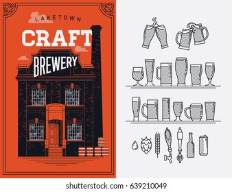 Diseño de afiches o pancartas sobre el tema de la cerveza vectorial en la "Cervecería artesanal" local. Microcervecería y cervecería artesanal elementos de diseño gráfico. Ideal para el diseño de los menús de bar, pub o restaurante