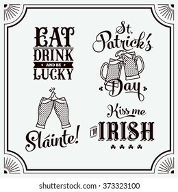 Cool vector black and white design elements on Saint Patrick's Day with decorative items and sayings. Ideal for St. Patrick's day party invitations, flyers, banners and posters